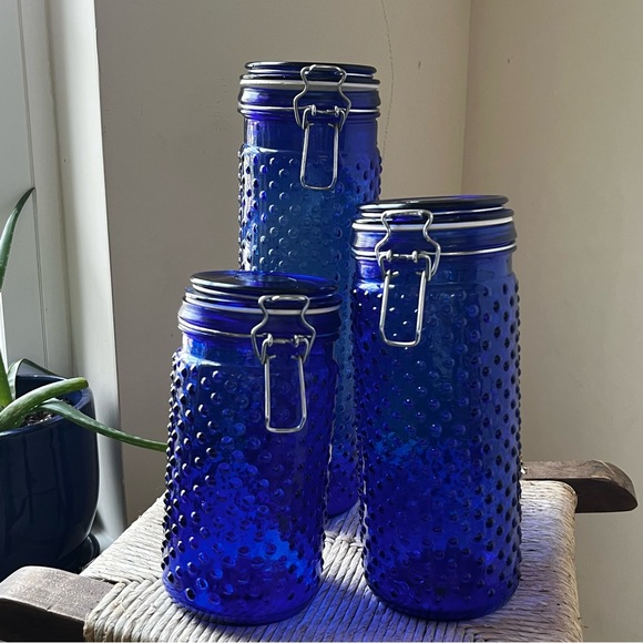 Vintage Other - Vintage cobalt blue hobnail glass canisters set of three